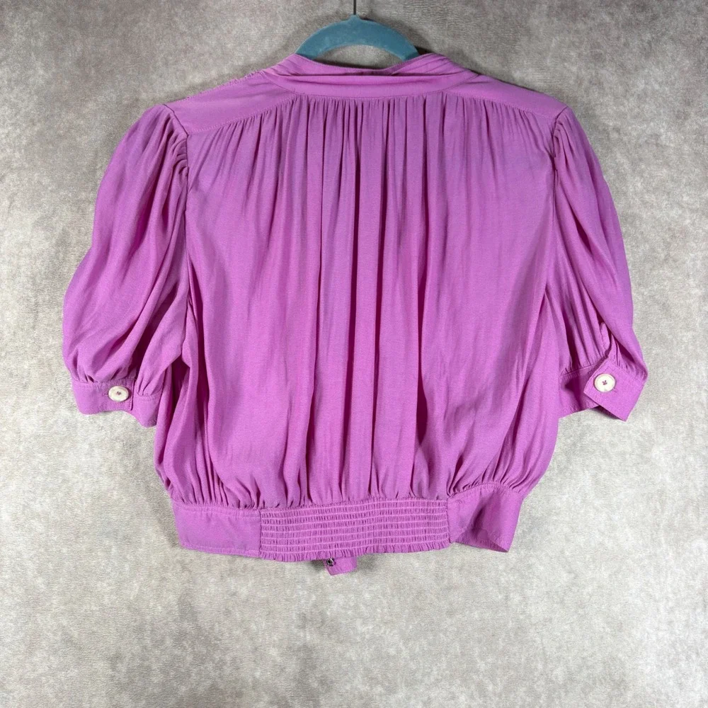 Free People Blouse Womens M Pink Magenta‎ Puff Sleeve Button Front Crop Top Boho